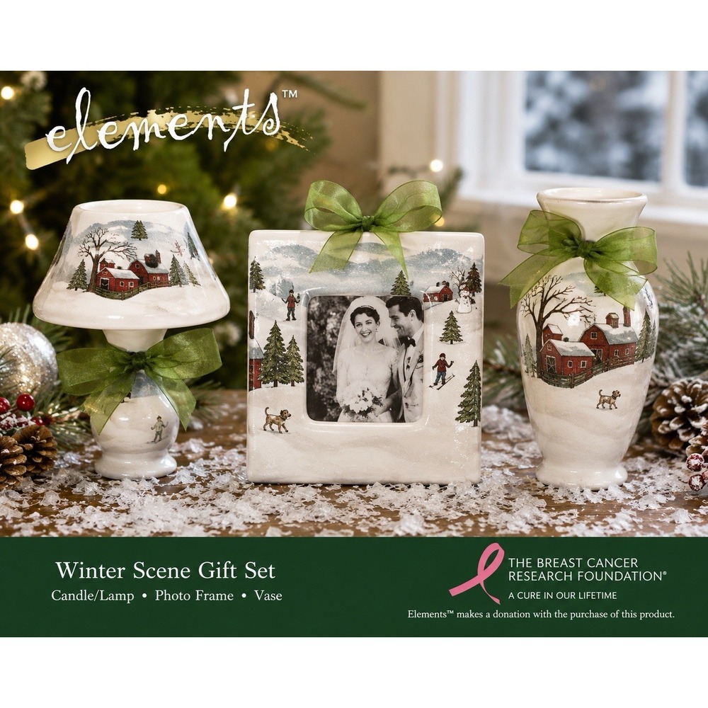 Elements Winter Scene Gift Set 3 Pc Candle Lamp Photo Frame Vase Christmas NIB